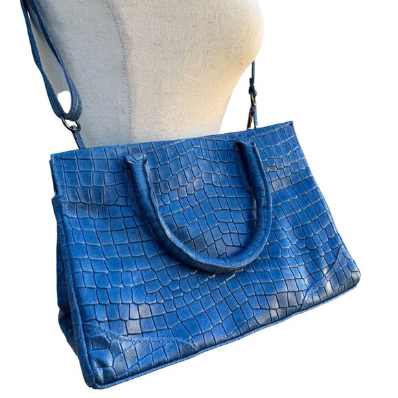 Small Bassotto in Leather Blue Croc Genuine Italian Leather Croc Embossed Blue Luxury Bag Adjustable Removable Strap